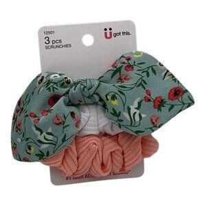 Scünci‎ 3 Pcs U Got This Hair Scrunchies W/ Floral Bow Coral Multicolor 12501